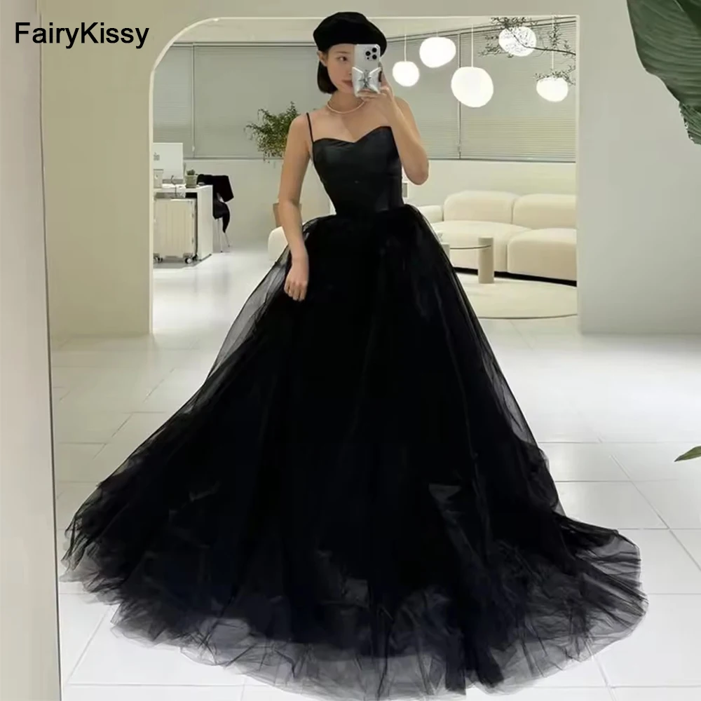 

FairyKissy Black Spaghetti Straps Korean Wedding Dresses Evening Dress Customized A Line Luxury Party Dresses Girls' Formal Gown