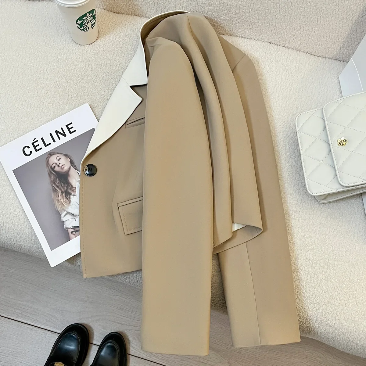 HZBW 2024 Spring New Khaki Short Suit Coat Women's Panel Design Sense, Elegant and Casual Suit coats  blazers for women