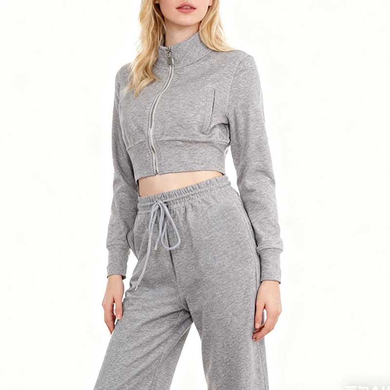 طقم مكون من قطعتين بلوزات نسائية قصيرة بسحاب كامل وأكمام طويلة وسراويل واسعة الساق عالية الخصر نحيفة كاجوال رياضية رمادية موضة الدعاوى #2