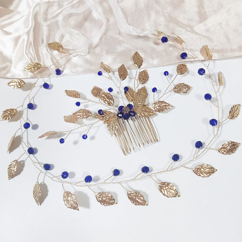 Bride Wedding Headbands Pearl Designs Simple Soft Chain Hairbands Blue Crystal Leaf Headpiece Bridal Hair Jewelry Accessories
