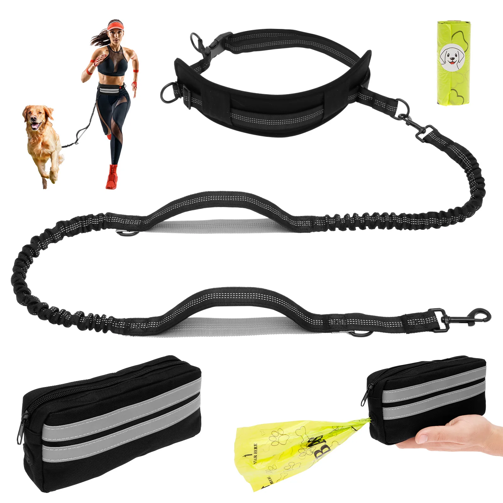 

Поводок для собак без рук, нейлоновый эластичный поводок для бега собаки с поясной сумкой и 1-рулонным мешком для мусора, светоотражающий поясной поводок для собак, товары для домашних животных