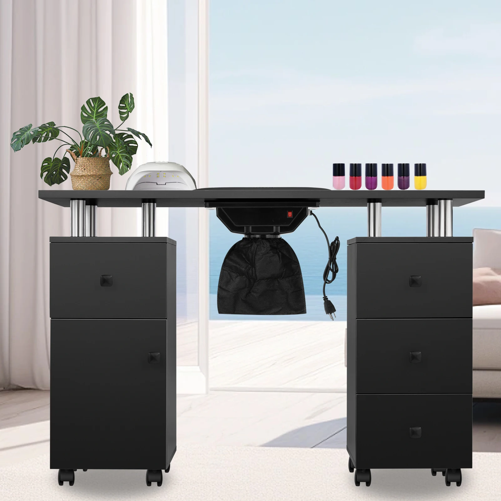 Black Manicure Table With Built-in Nail Dryer, Drawers & Wheels, Professional Nail Station For Salon By Luxmars