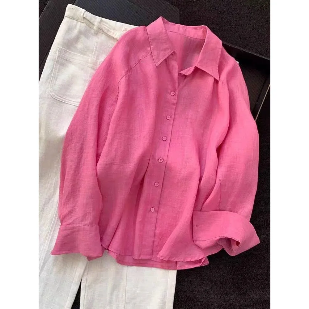 Camisa de lino rosa Frambuesa altamente recomendada con protección solar para mujer, primavera-otoño, tacto de alta gama, top único y hermoso