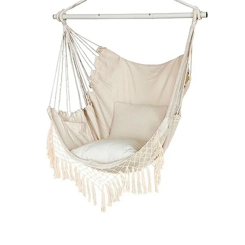 Beige Canvas Hanging Swing Chair With Wooden Spreader Bar Macrame Tassel Hammock Chair With Cushion Boho Home Decor