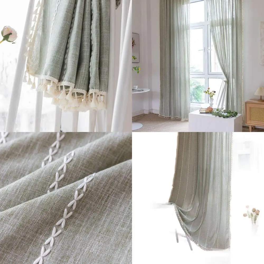 

Зеленые льняные шторы с полосками, длина 84 дюйма, комплект из 2 панелей для спальни, в богемном стиле, светопропускающие.