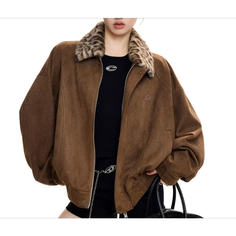 

ZEMOREXMZ американская осенняя женская флисовая свободная повседневная куртка из оленьей кожи с леопардовым принтом, винтажная куртка