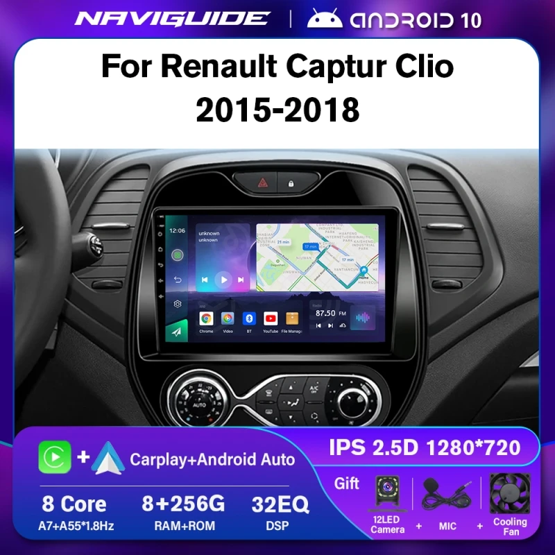 NAVIGUIDE Android 10 Car Radio For Renault Captur CLIO Samsung AT MT 2015-2018 GPS Navigation Multimedia Player Headunit Carplay