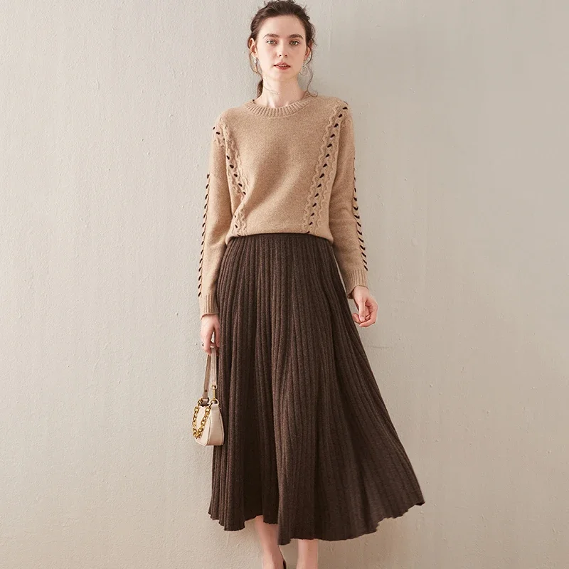 Kaszmirowa spódnica ze 100% wełny dla kobiet Spódnica jesienno-zimowa, plisowana spódnica z wysokim stanem, dzianinowa spódnica Wełniane spódnice