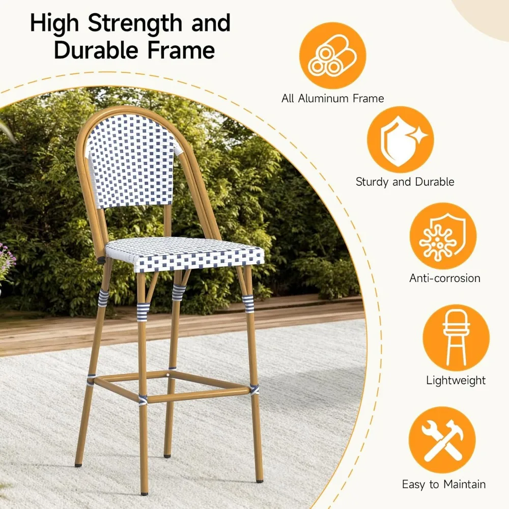 프렌치 바 스툴 2개 세트, 화이트 프린트 마감 파티오 바 스툴 등받이 라탄 의자, 위커 바 높이 스툴 29