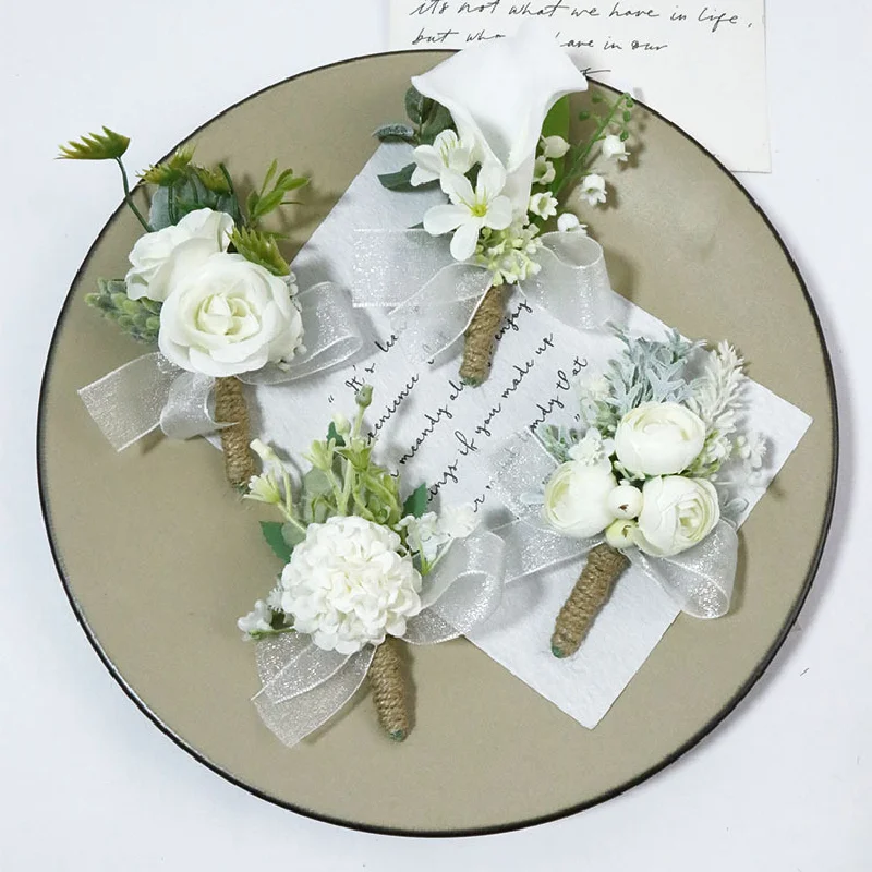 Boutonniere y ramillete de muñeca, suministros de boda, banquete, invitados, flores simuladas, novia y novio, serie blanca 371