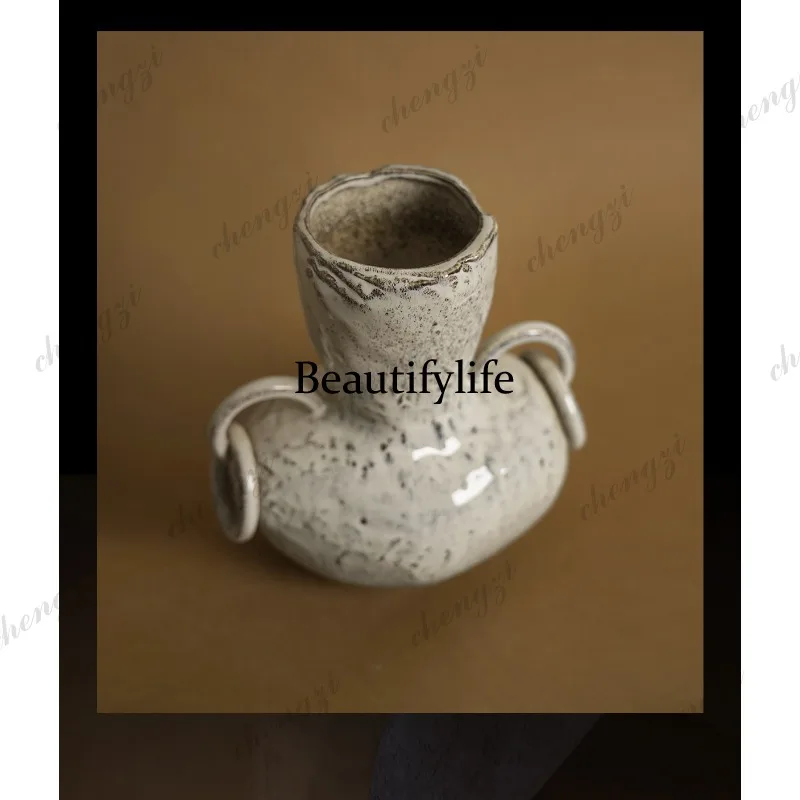 Retro art handmade ceramic vase beige binaural flower ware living room entrance ornament