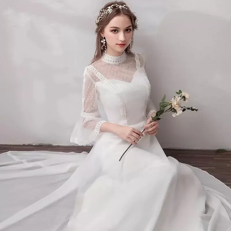 Customized Elegant High Neck Chiffon A Line Bridal Gowns Lace 3/4 Sleeves Floor Length Wedding Dress for Destination Wedding