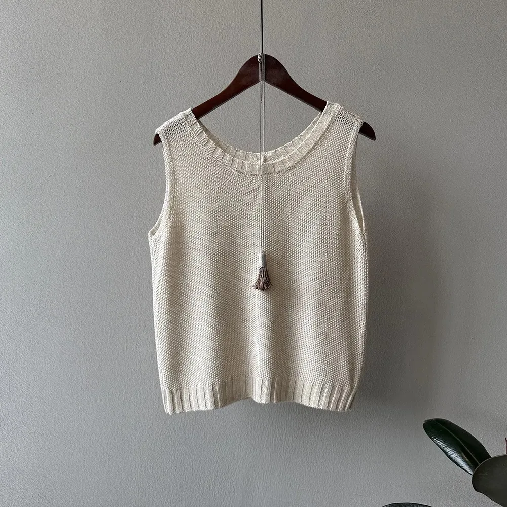 Colete de malha de linho simples usa colete sem mangas com botão no verão