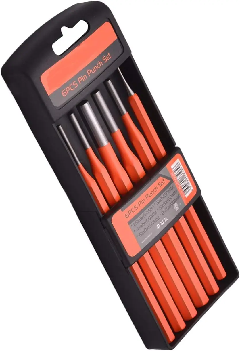 

6 Piece Pin Punch Set for Gunsmith, Mechanic, Metal Stamping - Heavy Duty Chrome Steel - High Visibility Orange