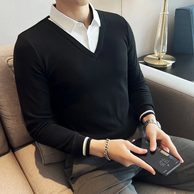 M-5XL men's shirt collar knitted sweater, solid color daily business casual commuter pullover T-shirt, stretchable base sweater.