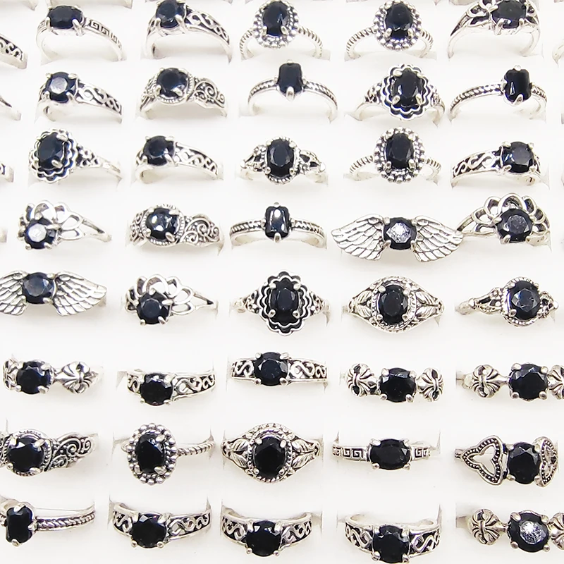 20pcs/50pcs/Lot Wholesale Bohemia Vintage Silver Color Finger Rings for Women Black Acrylic Wing Joint Ring Party Jewelry Girl