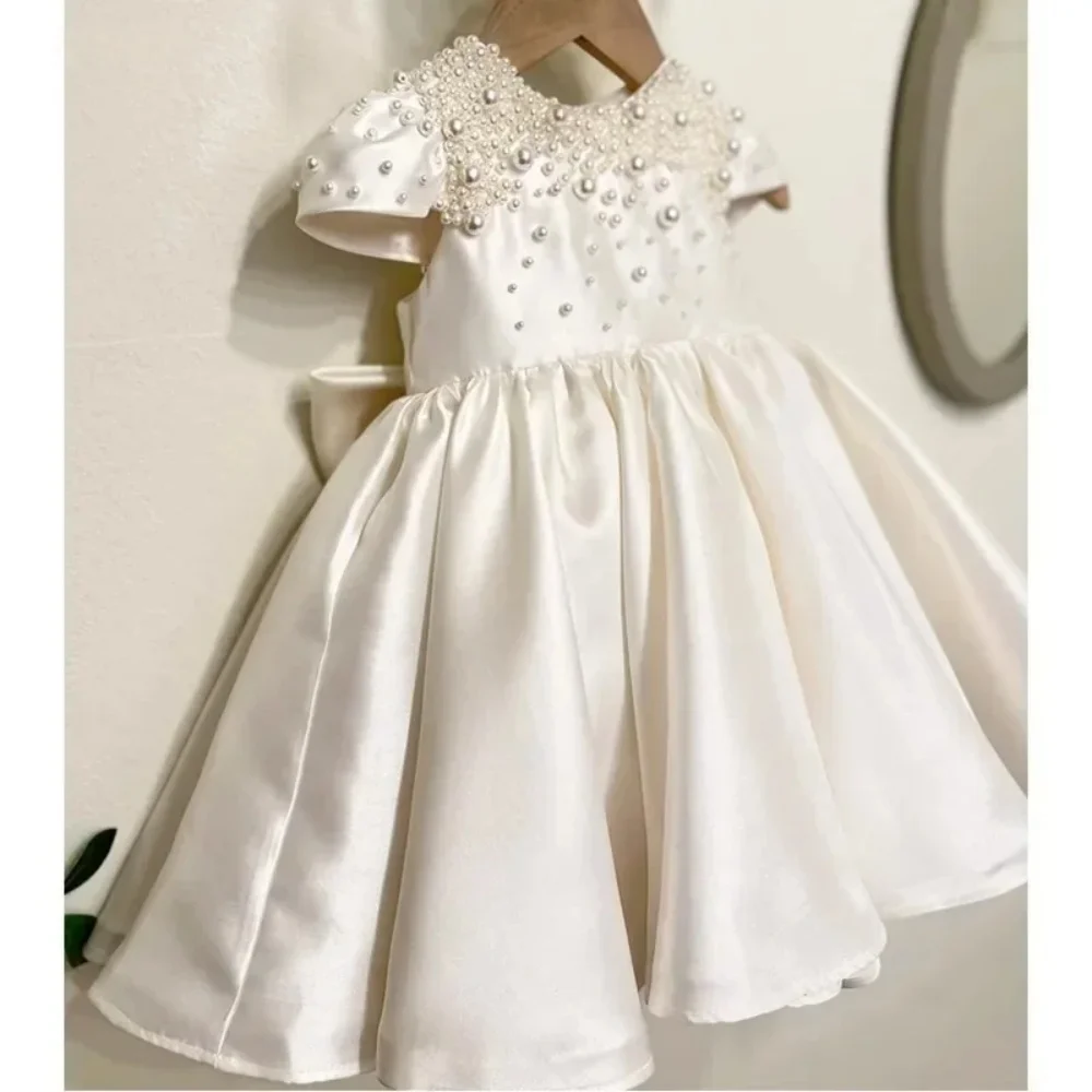 Custom White Pearl Embellished Satin Flower Girl Dress First Christmas Dress Wedding Party Gown for Girls فساتين اطفا image 2