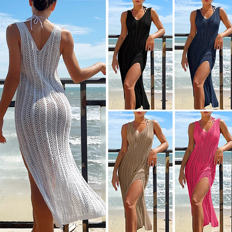 2024 Summer Ladies Vacation Hollow Out Robe Women Chic Solid Knitted Maxi Dress Fashion Sleeveless Sexy Beach Cover Up Dresses