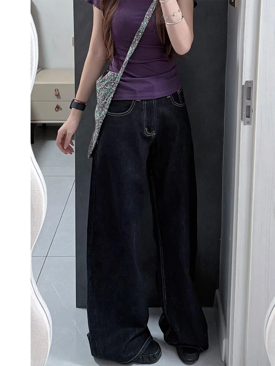 

Джинсы женские с высокой талией, облегающие, из денима, летние, новый стиль, темно-синие, прямые, широкие штанины, в стиле ретро, повседневные