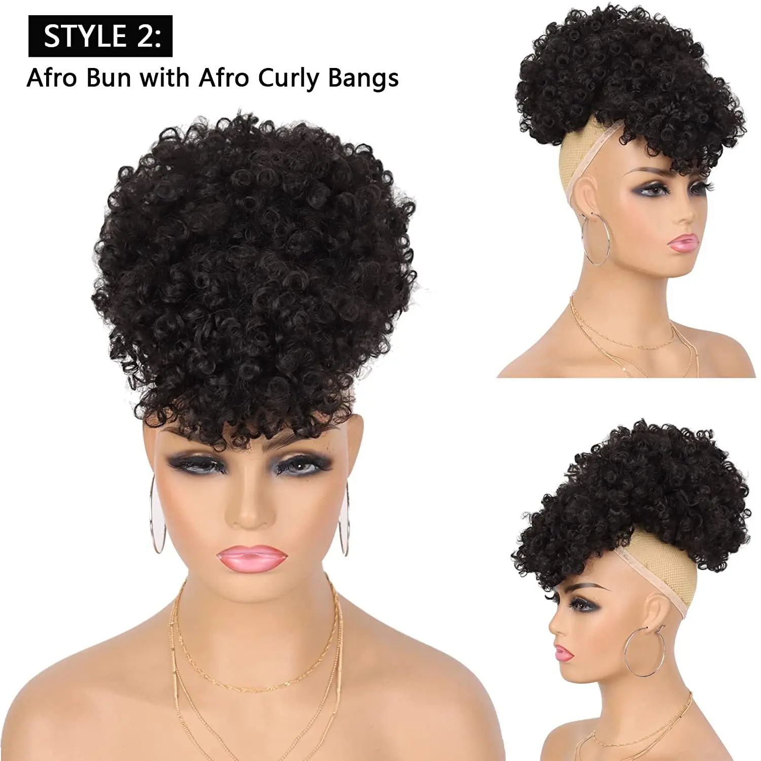 1 set Synthetic Afro Puff Drawstring Ponytail with Bangs Afro High Puff Bun with Replaceable Spring Curl Bangs for Black Women