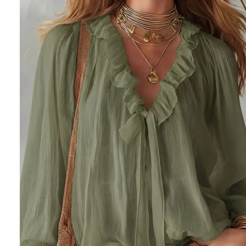 New Solid Color Fashion Ruffled V-neck Neckline Lace-up Puff Long Sleeve Women's Summer Casual Elegant Commuting Shirt
