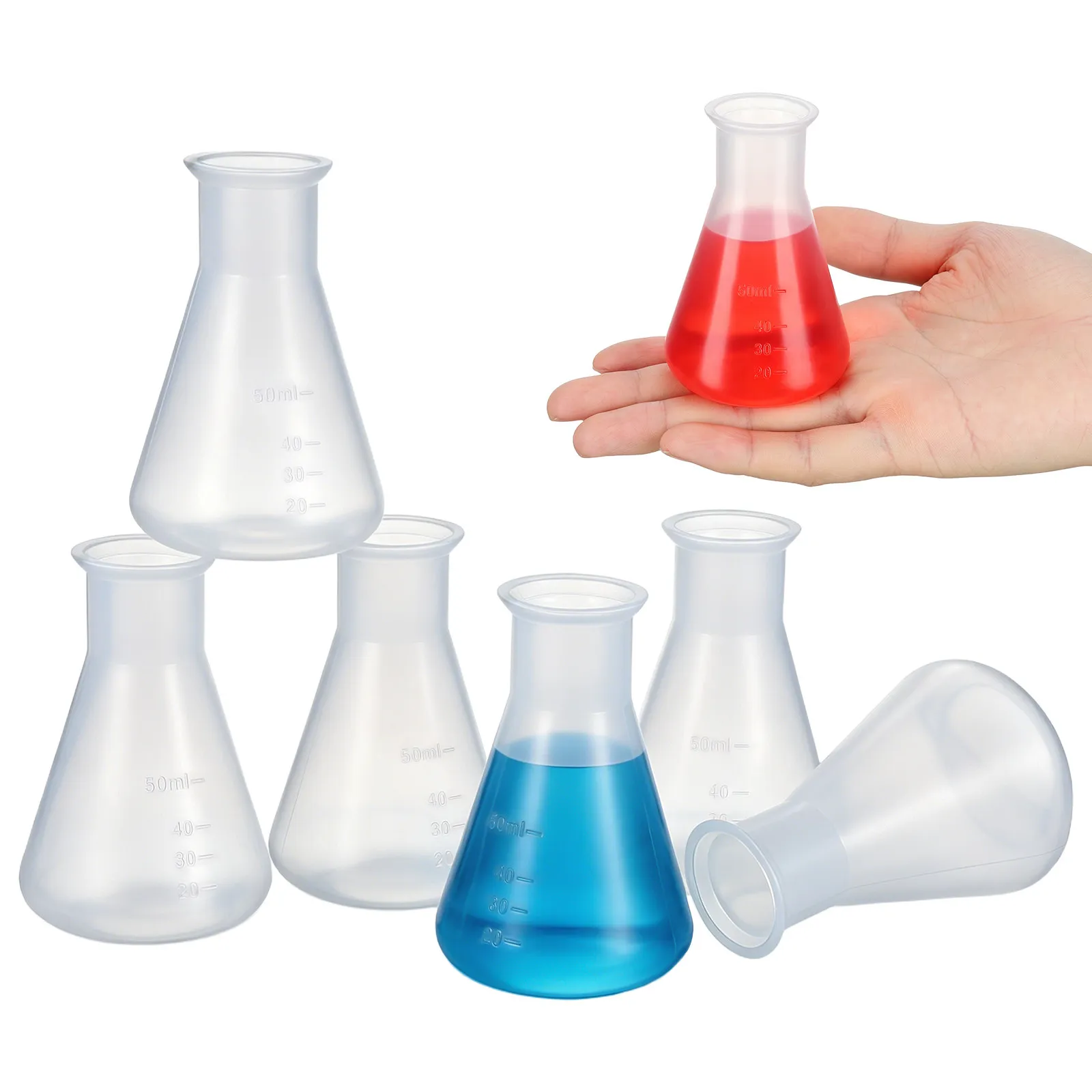 6pcs 50ml Plastic Conical Flask for Chemistry Experiments, Lab Education & Research, Stable Base with Clear Graduation