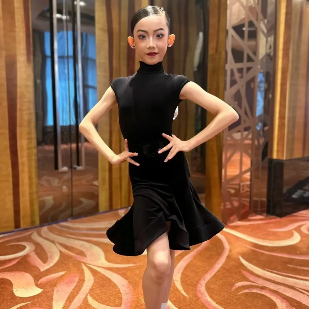 Groene ballroom latin korte mouw jurk meisjes amerikaanse dans rumba cha cha samba tango kostuum concurrentie praktijk slijtage kinderen