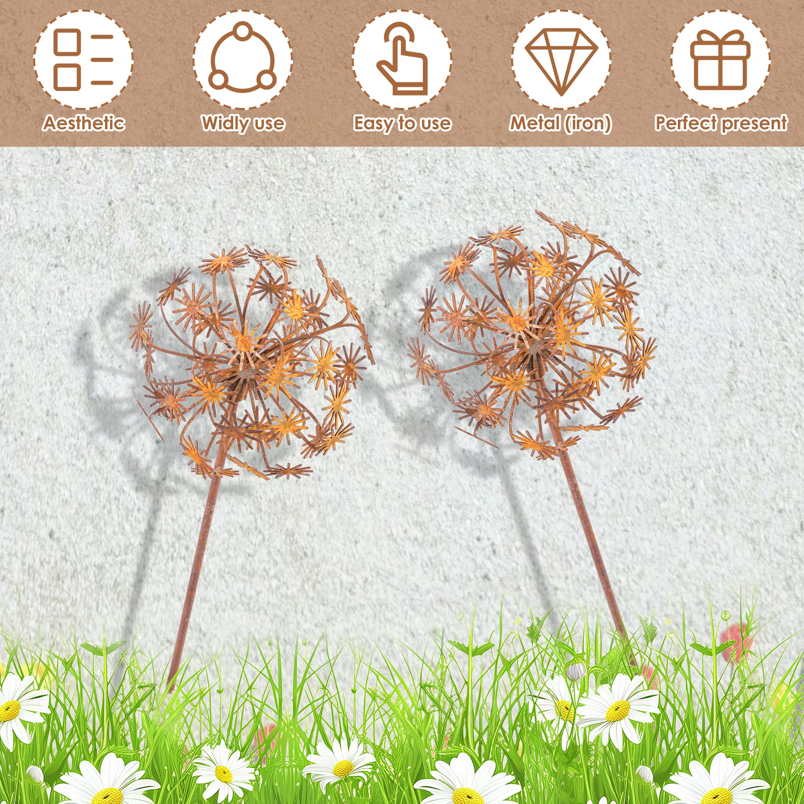 2 Pcs Metal Flower Stake 38cm Rusty Finish Metal Decorative Garden Stakes Patio Balcony Planter Outdoor Decor Garden Accessories