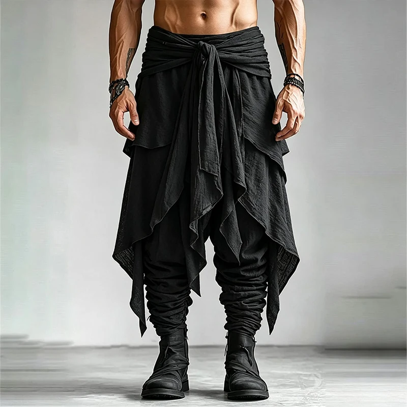 Men Gothic Layered Irregular Flap Harem Pants Waist Self Tie Faux Wrap Asymmetric Hem Cuffed Jogger Streetwear Casual Trousers