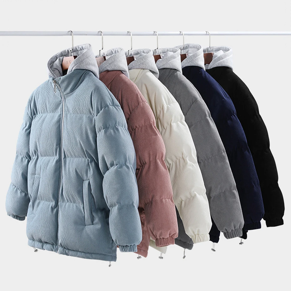 Corduroy Parkas Men Winter Thick Padded Jacket Fake Two Pieces Hooded Patchwork Jacket Coat Male