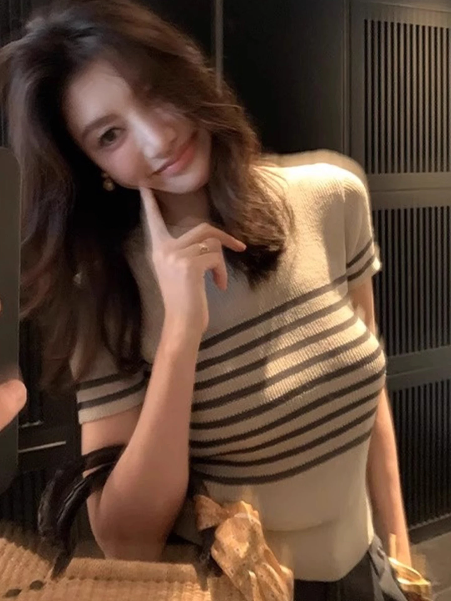 جولة Ne الكورية Sle مخطط متماسكة ort Sve رداء علوي غير رسمي اللون بلو الصيف تنوعا الجلد ودية المرأة Faion irt #3