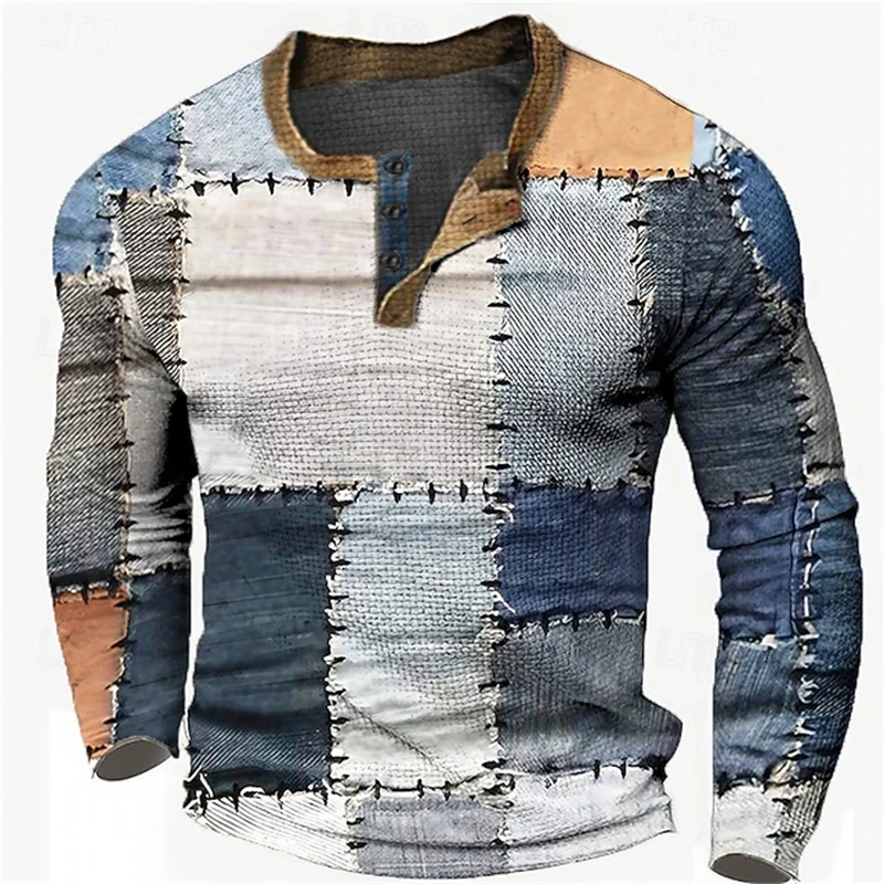Fall Men's Long-Sleeve Henley T-Shirt Patchwork 3D Print Button-Down V-Neck Casual Loose-Fit Men's Streetwear Pullover