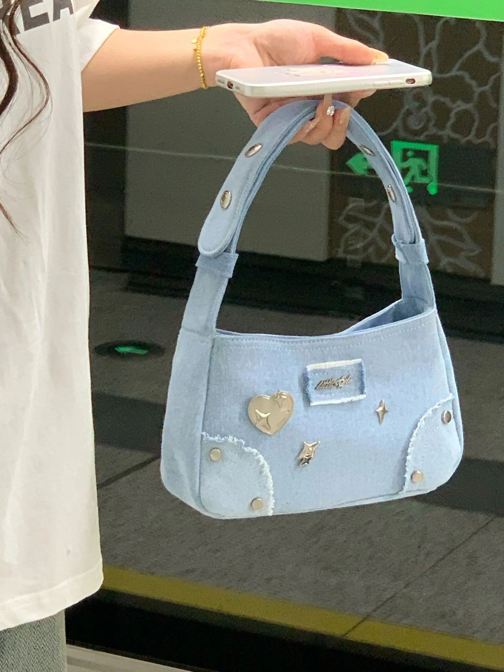 Light Blue Denim Shoulder Bag 2023 Spicy Girls Fashion Love Star Decal Zipper Underarm Bag Sweet Cool High Street Trend Handbag