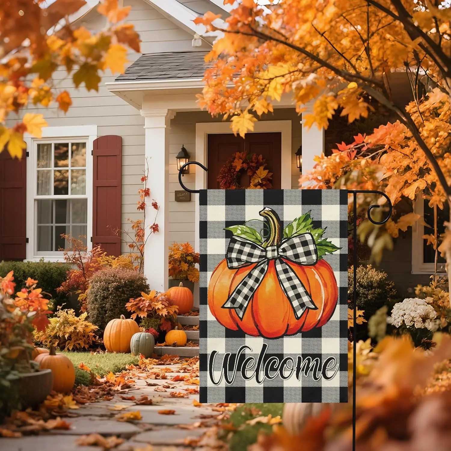 Fall Pumpkin Garden Flag 12x18 Inch Welcome Autumn Harvest Theme Thanksgiving Buffalo Plaid Decorative Yard Flags for Outsid SSL
