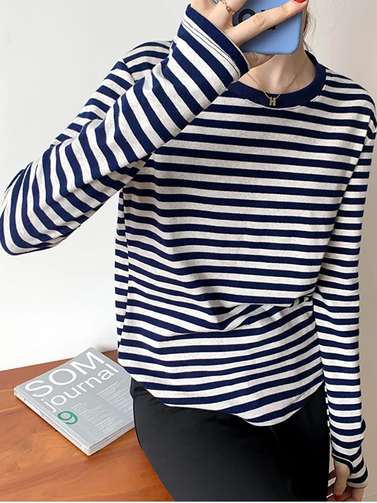 AOSSVIAO Basic Striped T-shirt Women Multi Colors Casual Cotton Stretchy Long Sleeve Tops Spring Autumn Loose Tee Shirt Femme