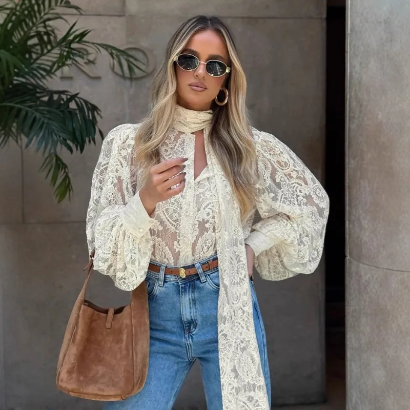 French Style Apricot Lace Blouse Loose Halter Neck Tie Neck Lantern Long Sleeve Sheer Women Casual Elegant Lace Shirt 260801