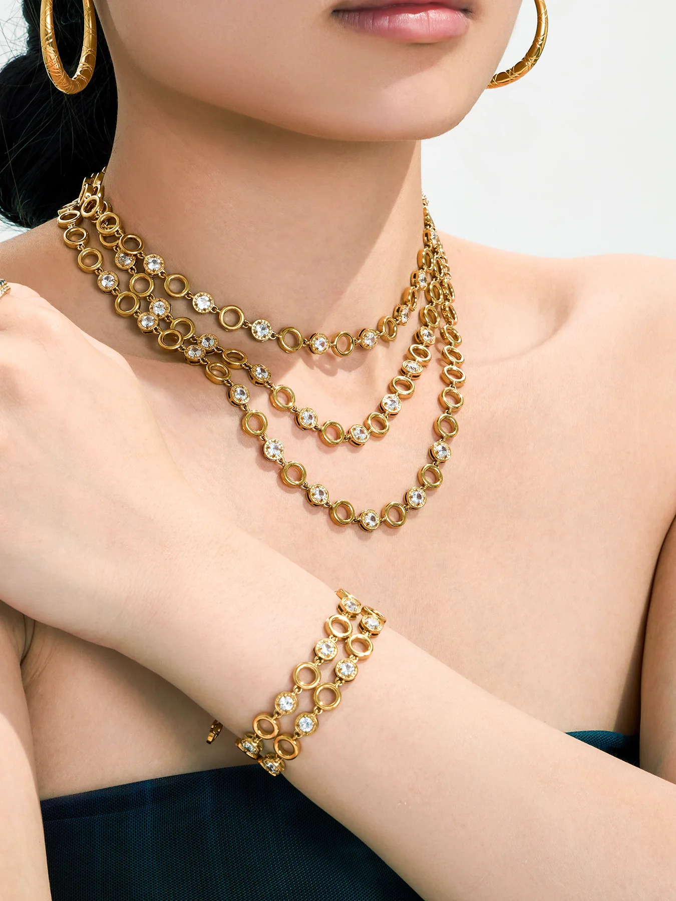 316L Edelstahl Halsketten- und Armband-Set mit Krappenfassung Zirkon für Damen Wasserdichter Ring Kette Glänzender Grenzübergreifender Schmuck – Detail 4