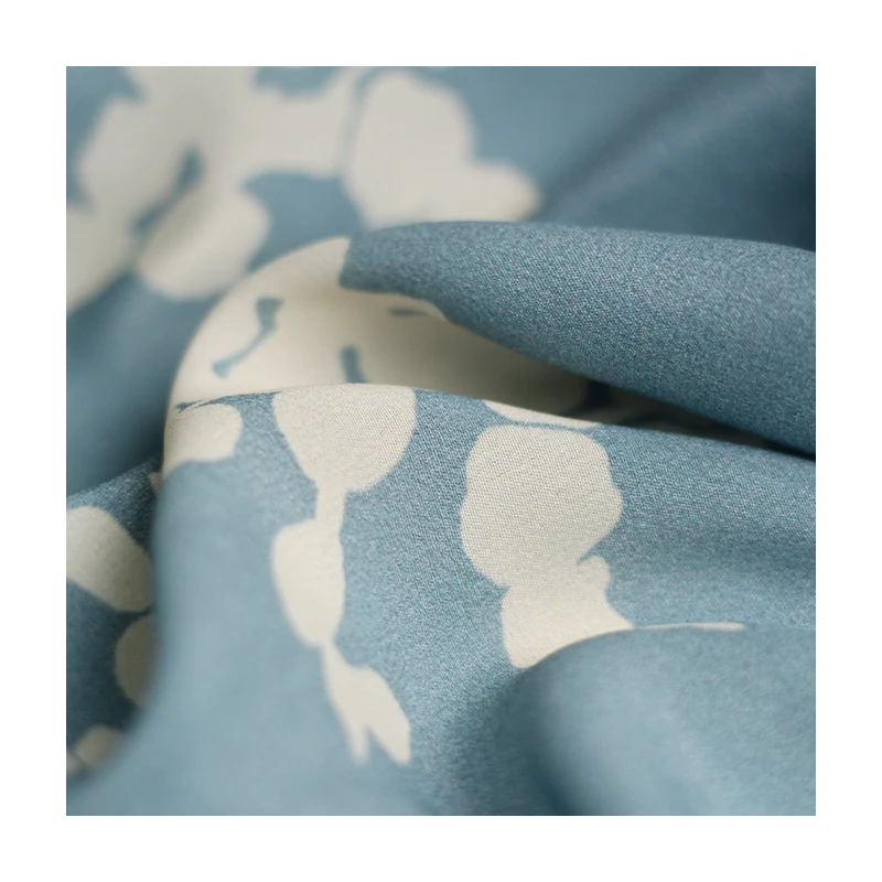 Redraspberry 137cm 72g Silk crepe de chine mist blue with white flowers fabrics clothes Garment sewing materials Free shipping