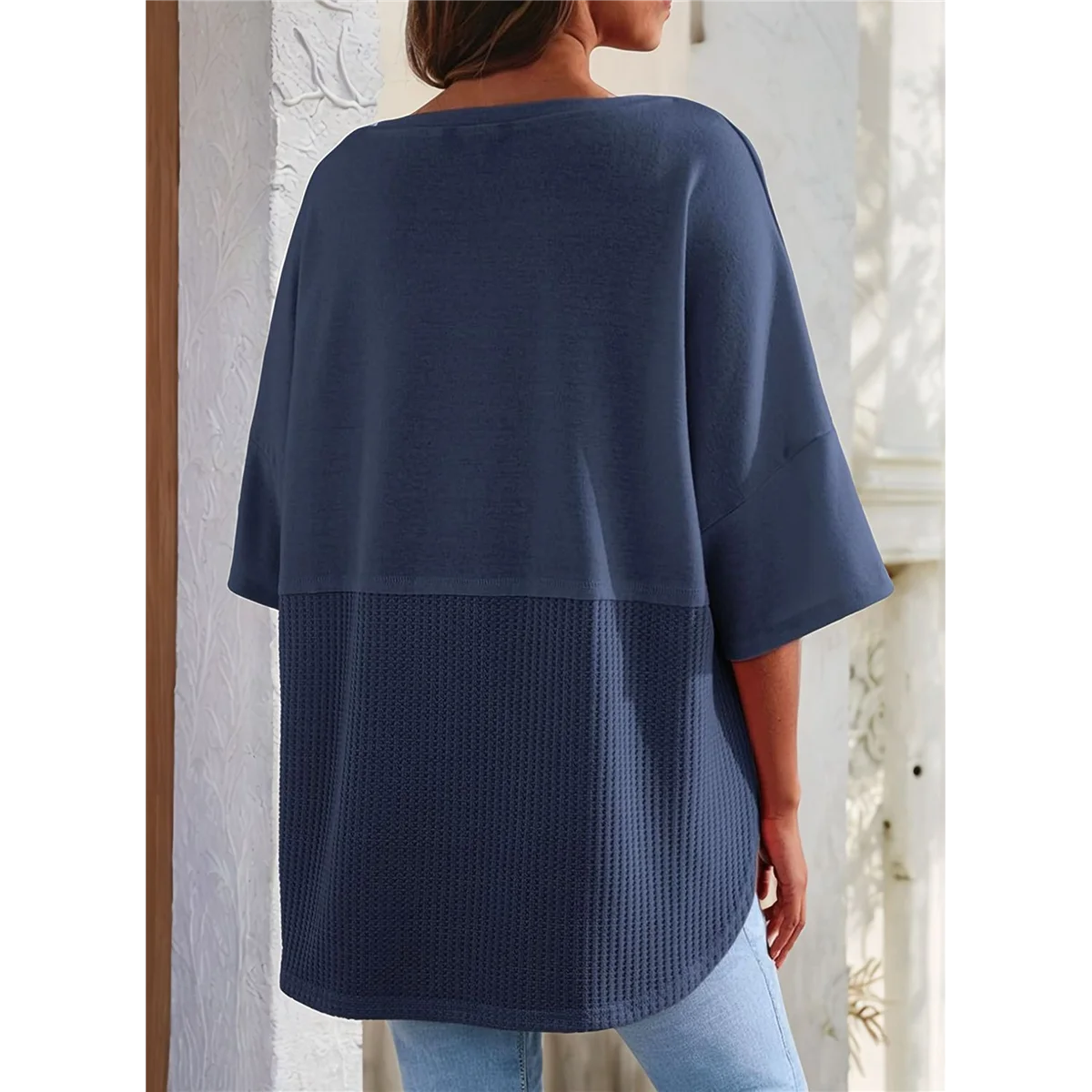 Women Waffle Knit Tops 2025 Fashion 3/4 Sleeve Crew Neck Oversized Patchwork Blouses Blue M