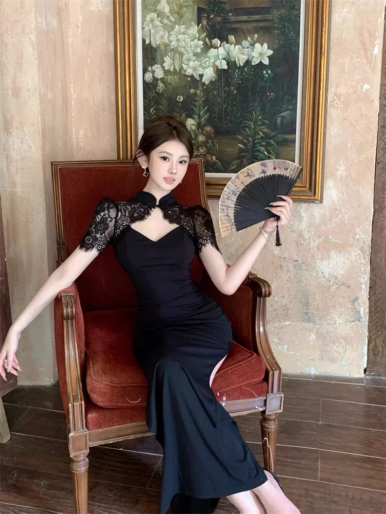 Rétro Style chinois dentelle évider amélioré Cheongsam femmes été Sexy fente mince robe noire élégante gaine robes noires
