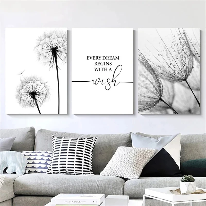 Simple Grey White Canvas Print Painting Dandelion Art Poster Wall Art Picture Modern Nordic Style Home Decor No Frame