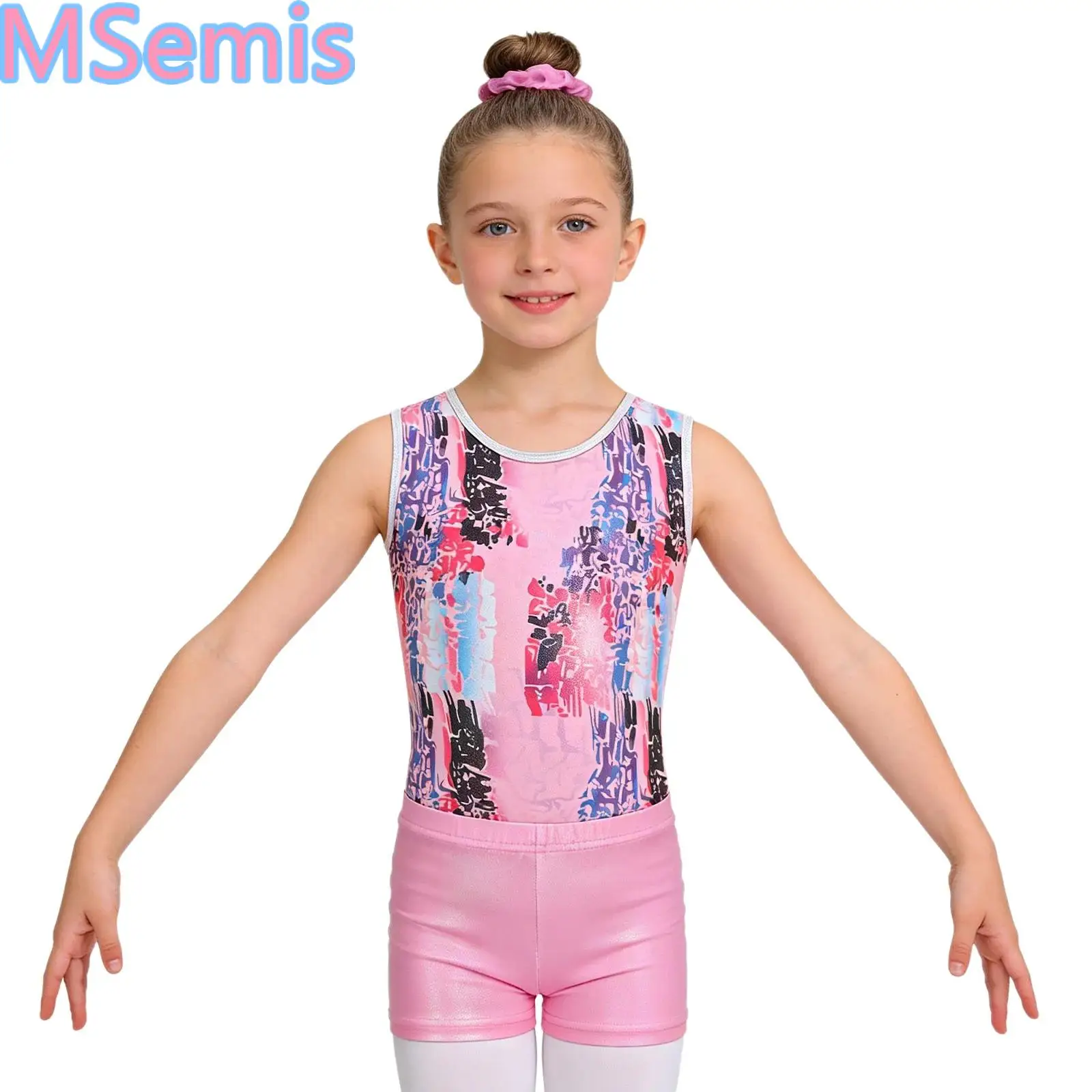 

Kids Girls Metallic Ballet Gymnastics Stylish Printed Outfit Sleeveless Leotard with Shorts Hair Band Set for Dance Practice