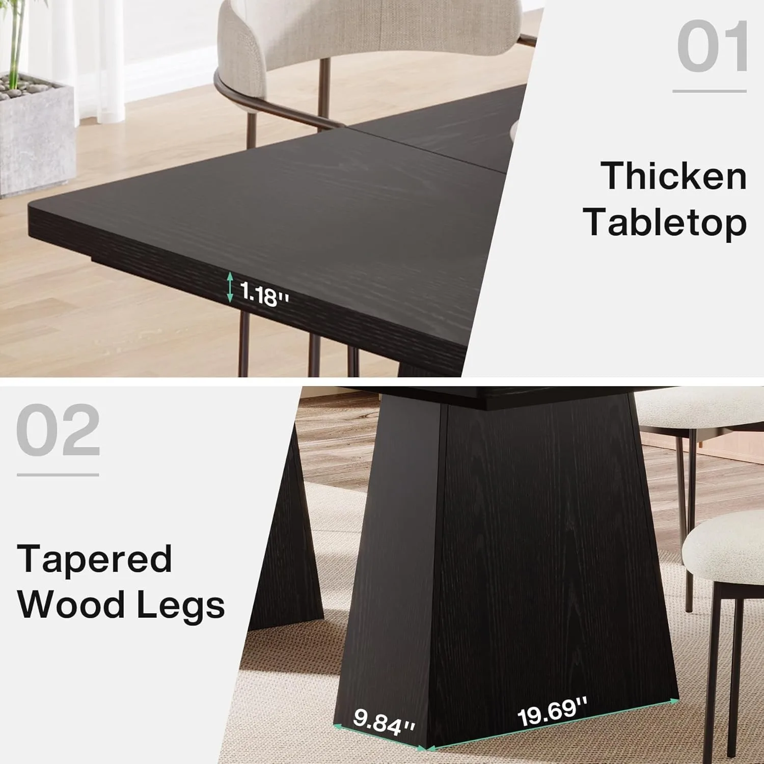 LITTLE TREE Black Dining Table for 4-6, Modern Kitchen Table with Tapered Wood Legs and Tabletop for Kitchen, Living Room image 3