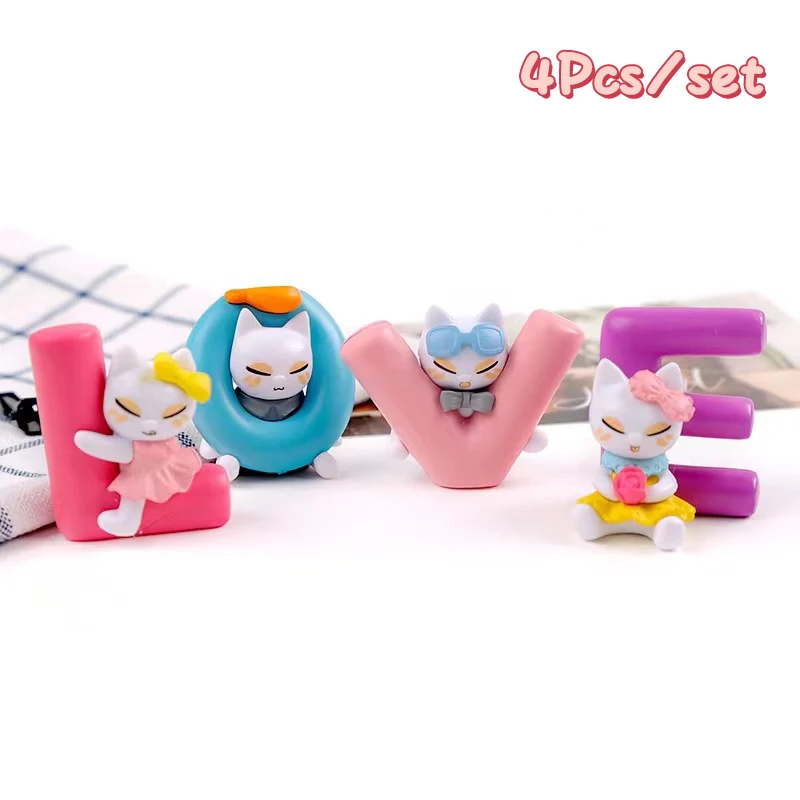 

4PCS Cute Cartoon LOVE Letter Cat Doll Car Interior Micro Landscape Figurines Ornaments Miniature Garden DIY Decor Home Decor