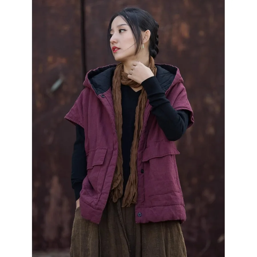 Women Vintage Hooded Vests Coats Quilted Ramie Cotton Warm Button Patchwork Pockets Clothes 2025 Winter New Plus Cotton Vests