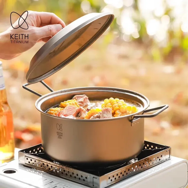 Keith Titanium Pot  Lightweight Camping Cookware 2.5L Foldable Handle & Vent Lid for Outdoor Backpacking with Mesh Sack