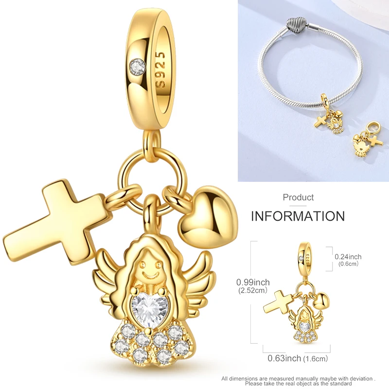 925 Sterling Silber Christlicher Engel-Kreuz-Charm-Perlen Schutzengel-Flügel Herz Glaube DIY Armband Halskette Geschenk für Frauen – Detail 9