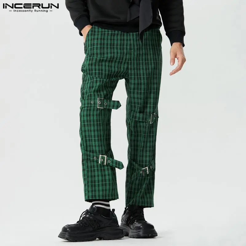 

2023 Men Plaid Pants Button Loose Joggers Personality Casual Trousers Men Streetwear Fashion Leisure Pantalon S-5XL INCERUN