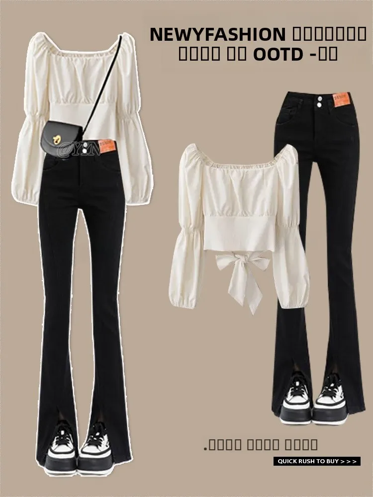 

Fashionable Sweet Design Long Sleeve One Shoulder Denim Shirt Women's Spring Autumn Set with Slit Casual Style Slim Fit Shirt