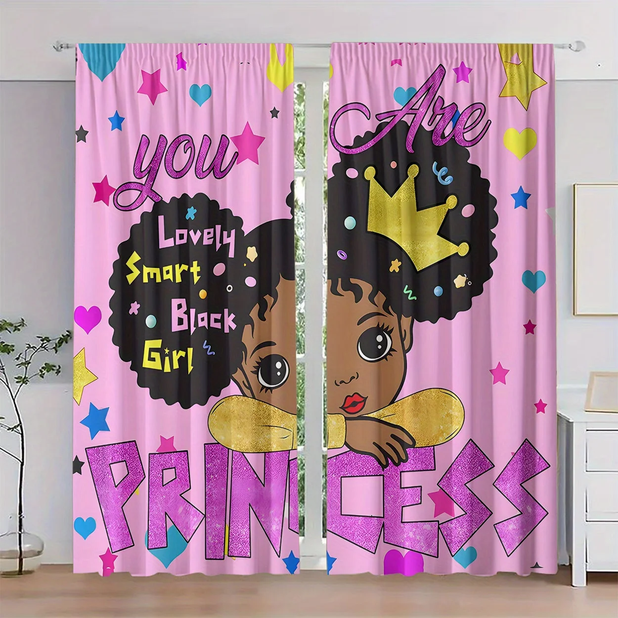 Lovely Smart Black Girl Princess Pink Star Heart Cartoon Blackout Curtains for Kids Room Bedroom Thermal Insulated Window Drapes